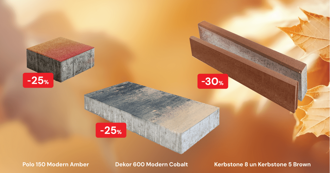 Iekrāso savu pagalmu ar Brikers Polo 150 Modern Amber vai Dekor 600 Modern Cobalt bruģi un pieskaņota toņa Kerbstone 8 vai 5 Brown apmalēm par īpaši pievilcīgu cenu!